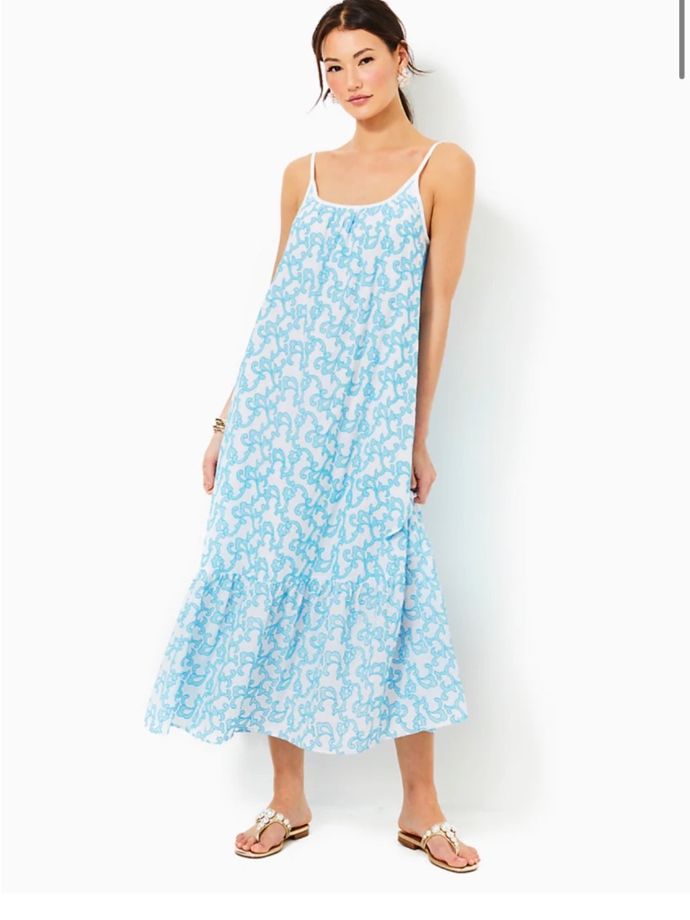 LILLY PULITZER AMERIE EMBROIDERED COTTON DRESS LUNAR BLUE FLAMINGLE EMBROIDERED